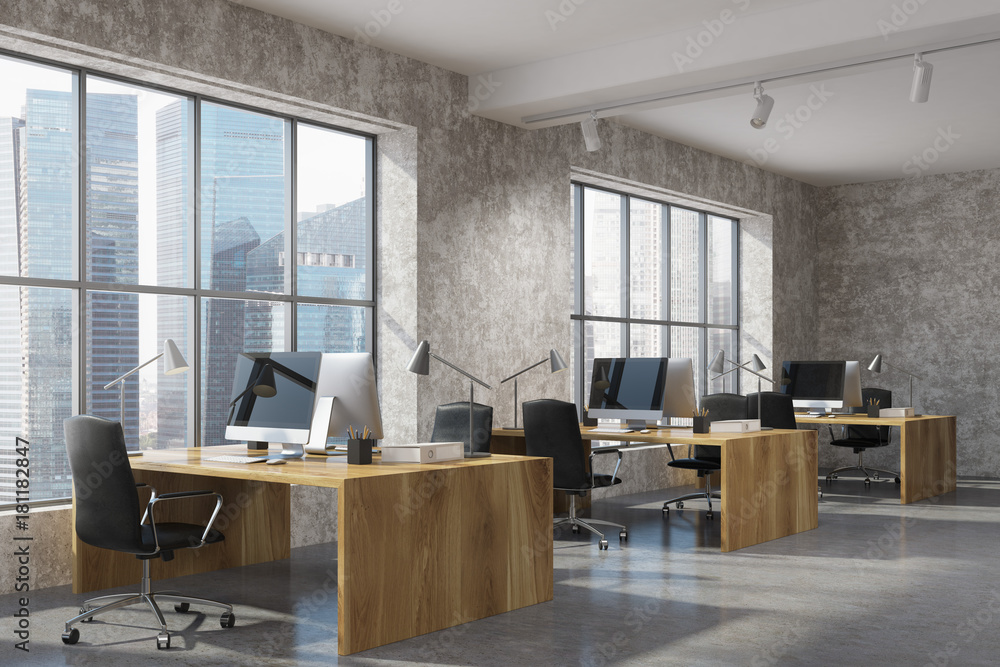 Concrete open space office corner, wood Concrete open space office corner, wood