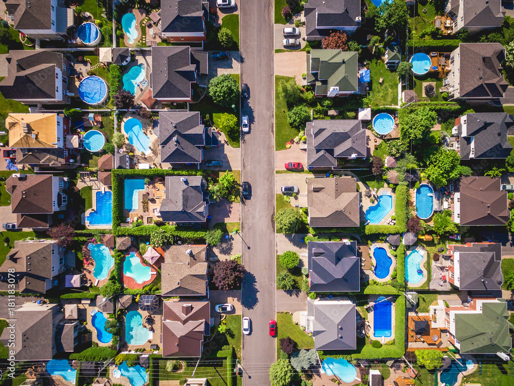 Fototapeta premium Top view of houses in typical residential neighbourhood in Montreal, Quebec, Canada.