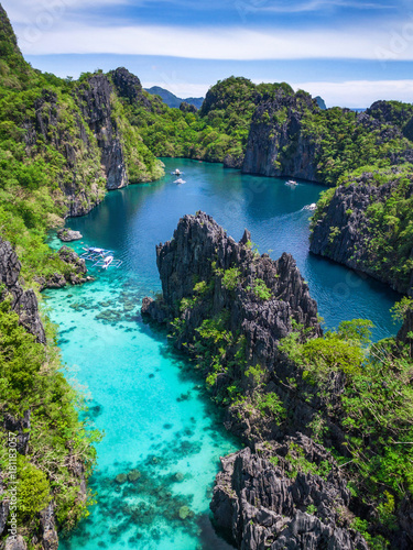 El Nido in Palawan, Philippines, aerial view of beautiful lagoon and limestone cliffs. photo