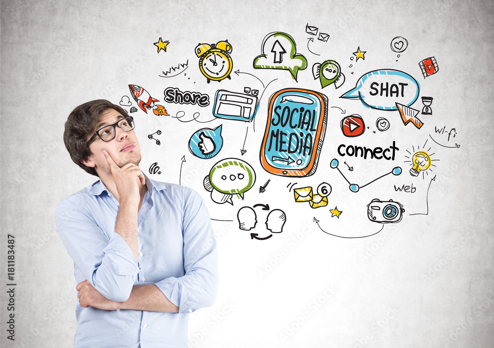 Pensive young man in glasses, social media Pensive young man in glasses, social media