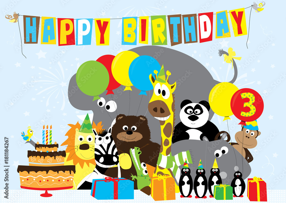 birthday card with animals for 3 years old child