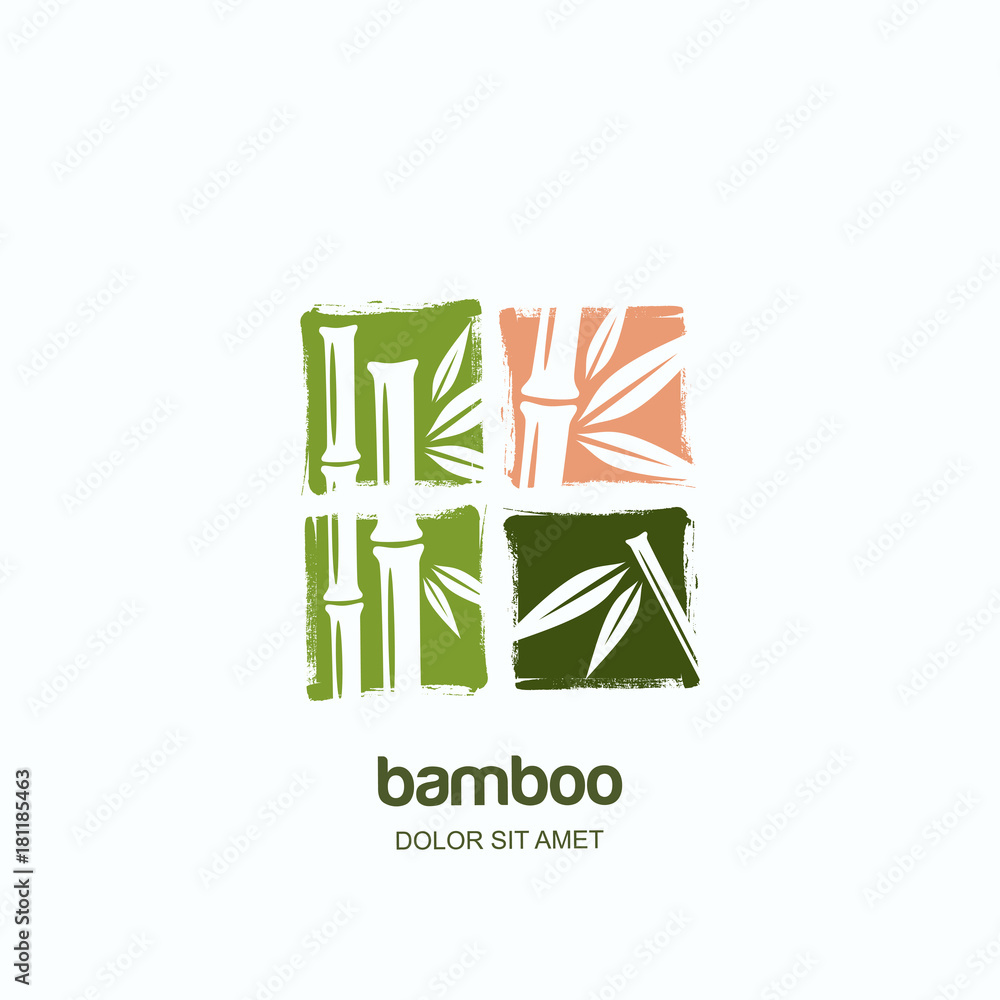 Fototapeta premium Vector logo, label or square emblem with watercolor hand drawn green bamboo plant details. Concept for spa and beauty salon, asian massage, cosmetics package, furniture materials.