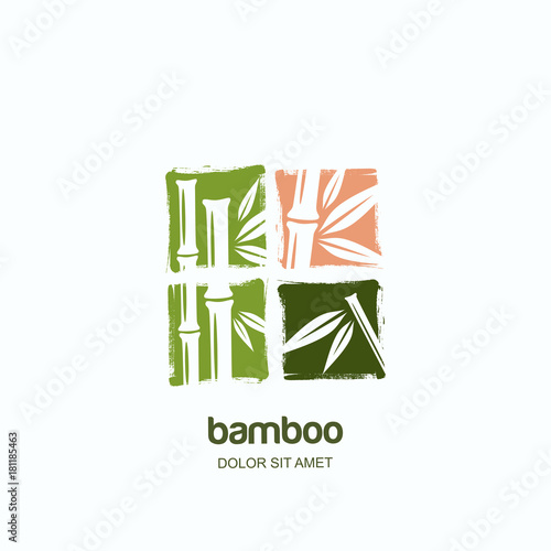 Vector logo, label or square emblem with watercolor hand drawn green bamboo plant details. Concept for spa and beauty salon, asian massage, cosmetics package, furniture materials.