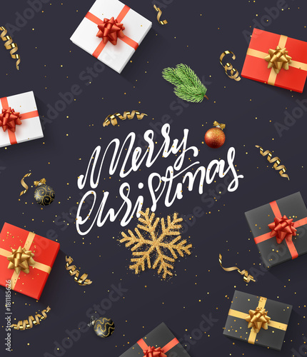 Meery Christmas background. Christmas composition. gift, confetti, golden snowflake and balls, Xmas tree branch.