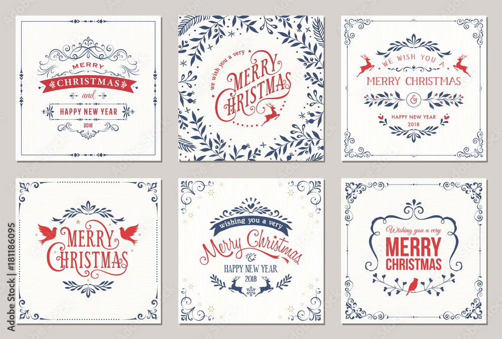 Ornate square winter holidays greeting cards with typographic design, reindeers, Christmas Doves, floral and swirl frames.