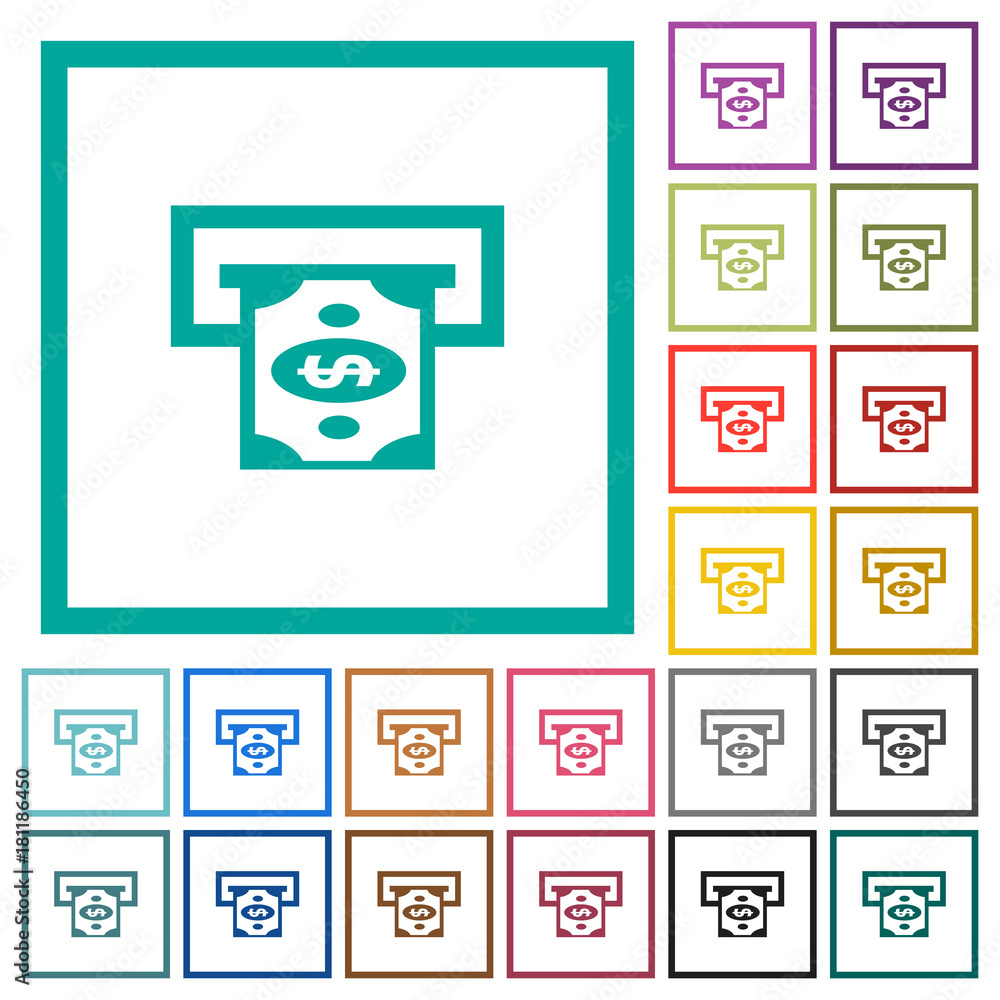 Dollar bank ATM flat color icons with quadrant frames Dollar bank ATM flat color icons with quadrant frames