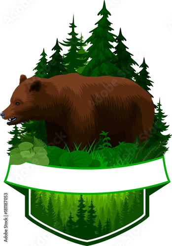 vector woodland emblem with brown grizzly bear