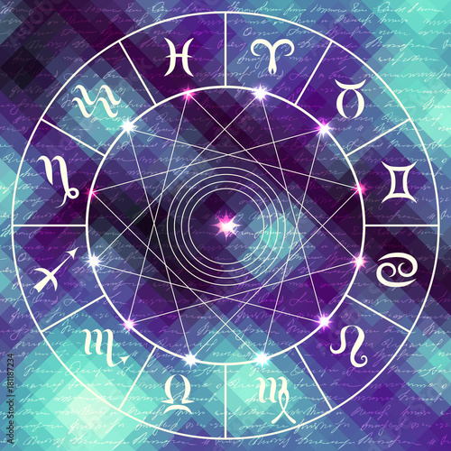 Magic circle with zodiacs sign on abstract grunge background.