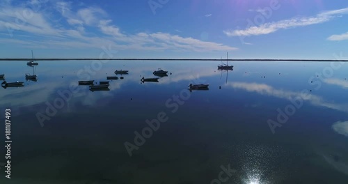 Aerial seascape, in Ria Formosa wetlands natural park, over Cavacos beach. Algarve.