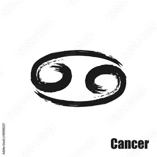 Vector zodiac sign with text. Hand drawn calligraphic horoscope icon. Ink brush cancer symbol