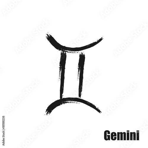 Vector zodiac sign with text. Hand drawn calligraphic horoscope icon. Ink brush gemini symbol