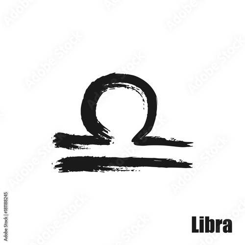 Vector zodiac sign with text. Hand drawn calligraphic horoscope icon. Ink brush libra symbol