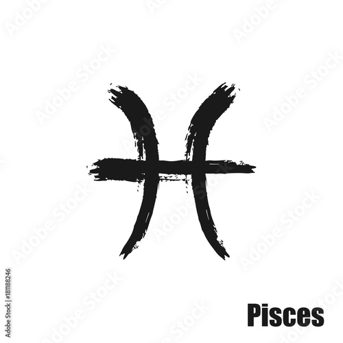 Vector zodiac sign with text. Hand drawn calligraphic horoscope icon. Ink brush pisces symbol