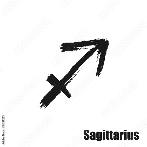 Vector zodiac sign with text. Hand drawn calligraphic horoscope icon. Ink brush sagittarius symbol