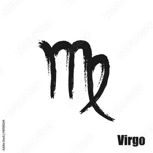 Vector zodiac sign with text. Hand drawn calligraphic horoscope icon. Ink brush virgo symbol