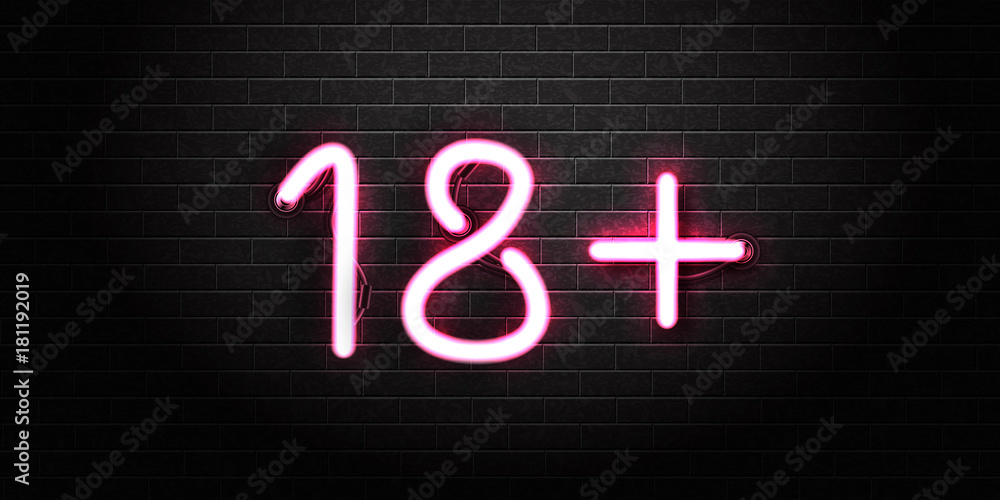 Vector realistic isolated erotic neon sign of 18+ for decoration and covering on the wall background. Vector realistic isolated erotic neon sign of 18+ for decoration and covering on the wall background.
