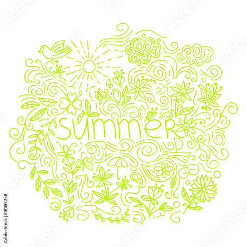 Summer postcard. Doodle summer card with floral elements  flowers  sun  curly lines. Vector illustration.