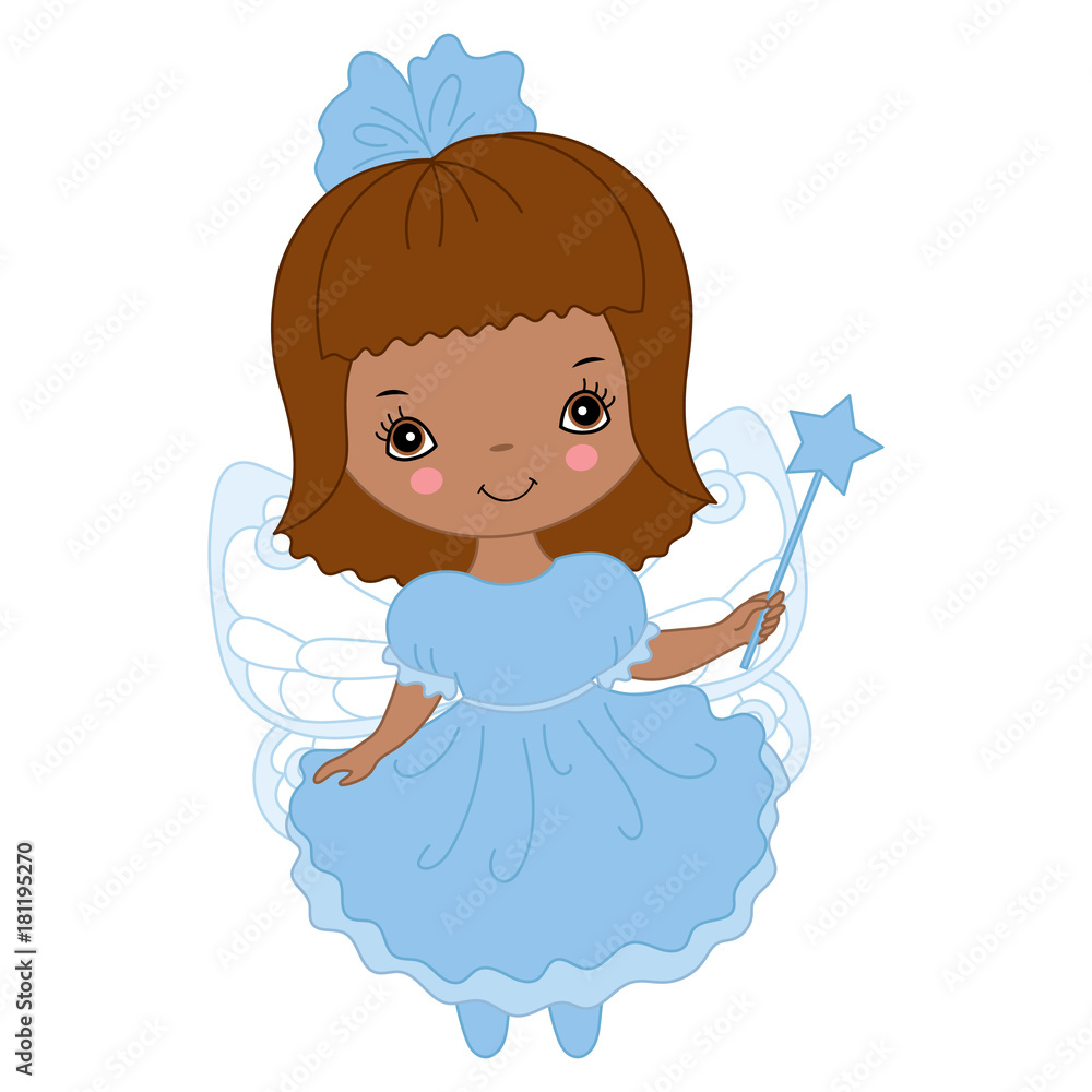 Fototapeta premium Vector Cute Little African American Fairy with Magic Wand