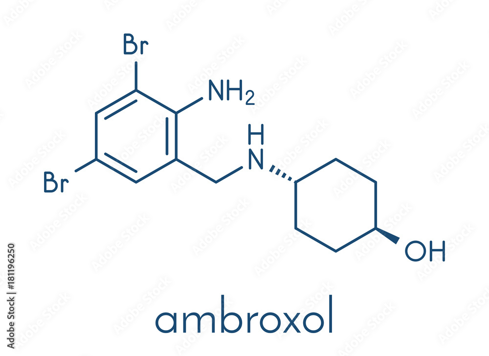 Ambroxol secretolytic drug molecule. Also often used in treatment of soar throat. Skeletal formula. Ambroxol secretolytic drug molecule. Also often used in treatment of soar throat. Skeletal formula.