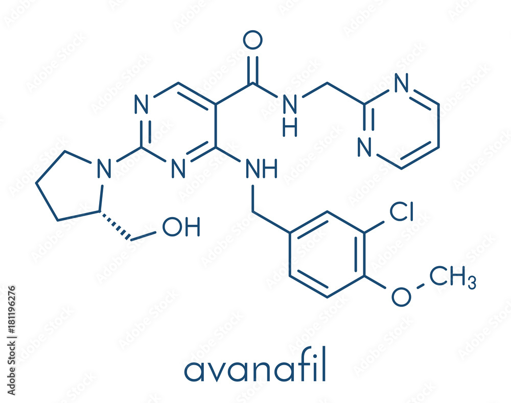 Avanafil erectile dysfunction drug molecule. PDE5 inhibitor used in treatment of impotence. Skeletal formula.