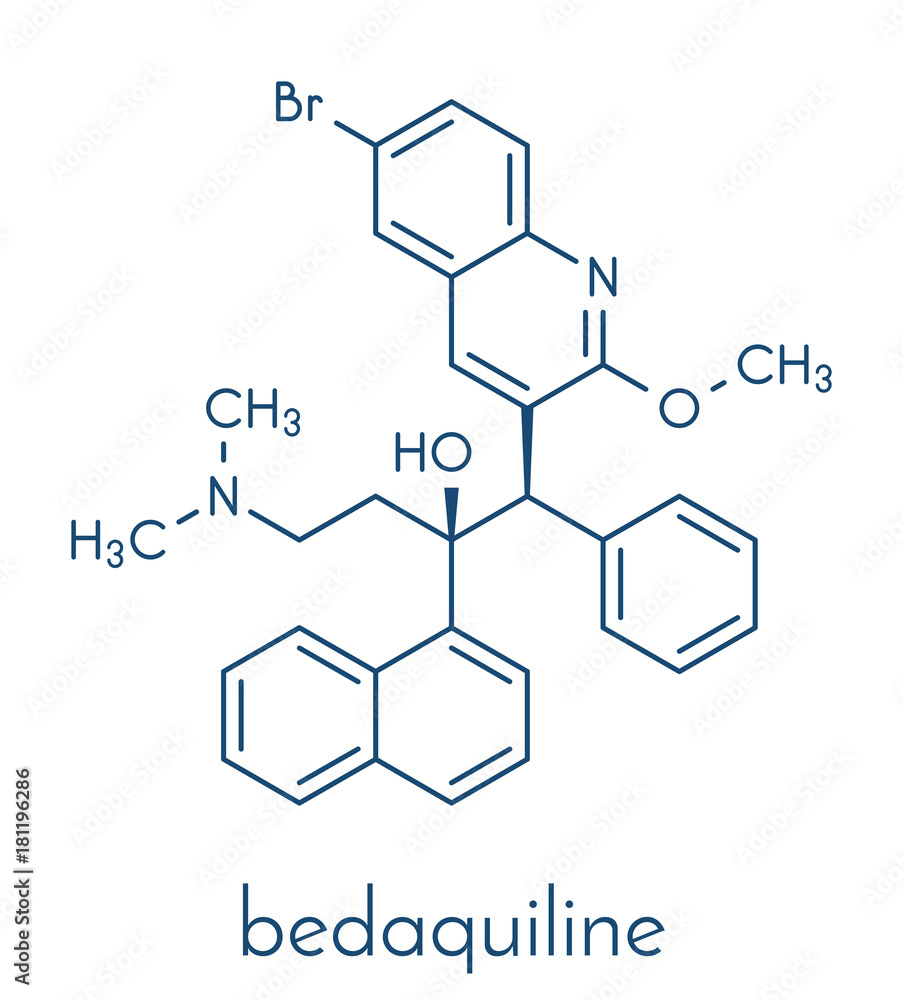 Bedaquiline tuberculosis drug. Diarylquinoline antibacterial used in treatment of mycobacterium tuberculosis infections. Skeletal formula.