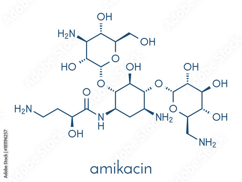 Amikacin aminoglycoside antibiotic molecule. Mostly used as last-resort treatment of multidrug-resistant Gram-negative bacteria. Skeletal formula.