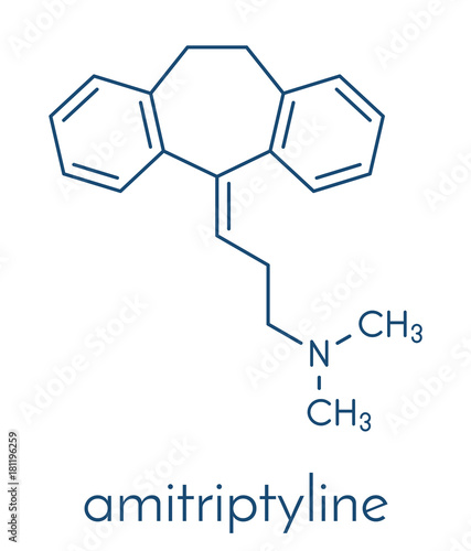 Amitryptiline tricyclic antidepressant drug molecule. Used in treatment of clinical depression. Skeletal formula.