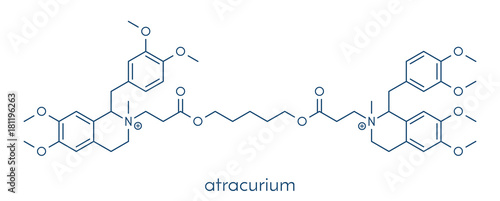 Atracurium skeletal muscle relaxant drug. Used as adjuvant in anesthesia and to induce skeletal muscle relaxation during surgery. Skeletal formula.