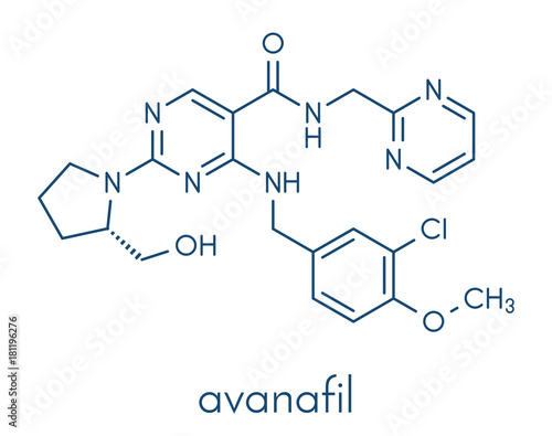 Avanafil erectile dysfunction drug molecule. PDE5 inhibitor used in treatment of impotence. Skeletal formula.