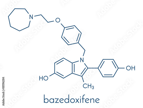 Bazedoxifene postmenopausal osteoporosis prevention drug molecule. Selective estrogen receptor modulator (SERM). Skeletal formula.