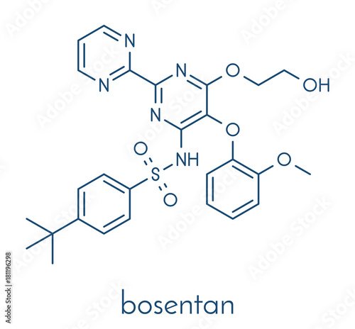 Bosentan pulmonary artery hypertension (PAH) drug molecule. Skeletal formula.