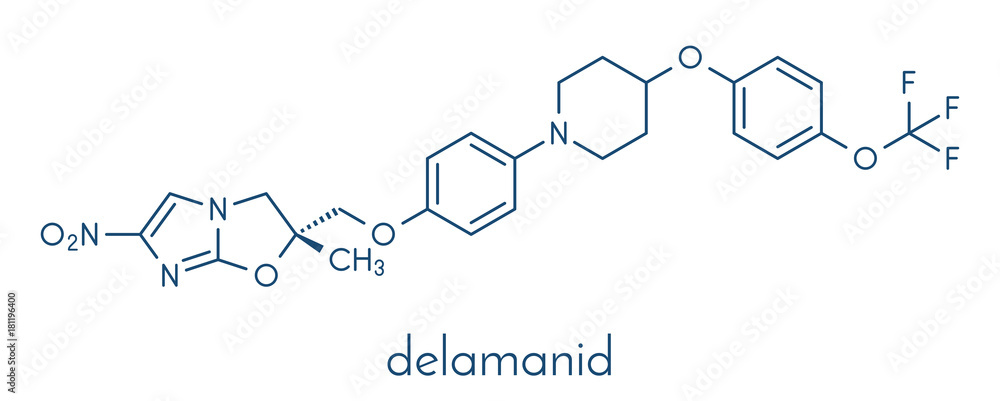 Delamanid tuberculosis drug molecule. Skeletal formula. Delamanid tuberculosis drug molecule. Skeletal formula.