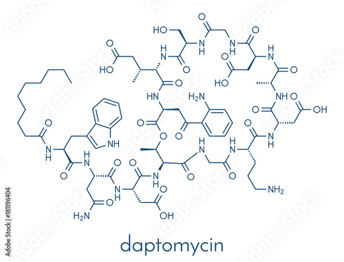 Daptomycin antibiotic drug molecule. Skeletal formula.