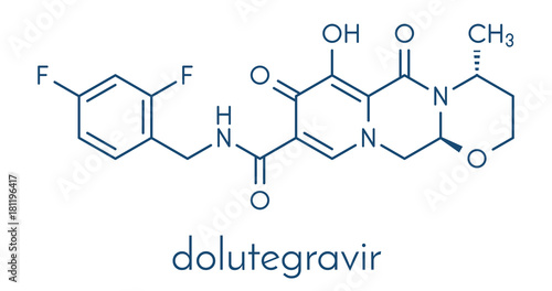 Dolutegravir HIV drug molecule. Integrase inhibitor antiviral class. Skeletal formula.