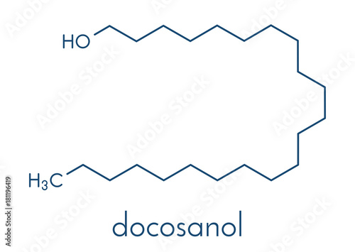 Docosanol (behenyl alcohol) antiviral drug molecule. Used in treatment of cold sores (herpes simplex virus). Skeletal formula.