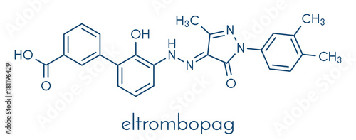 Eltrombopag thrombocytopenia (low blood platelet count) drug molecule. Skeletal formula.