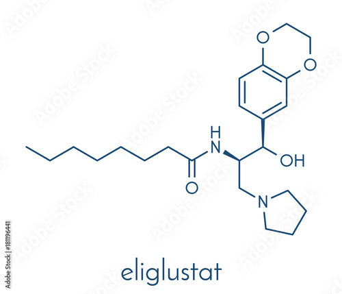Eliglustat Gaucher's disease drug molecule. Skeletal formula. photo