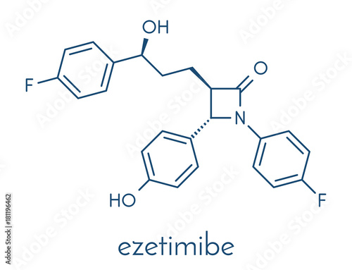 Ezetimibe cholesterol-lowering drug molecule. Skeletal formula.