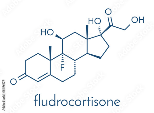 Fludrocortisone aldosterone hormone substitution drug molecule. Skeletal formula.