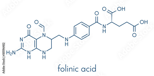 Folinic acid (leucovorin) drug molecule. Used as adjuvant during cancer chemotherapy with methotrexate. Skeletal formula.
