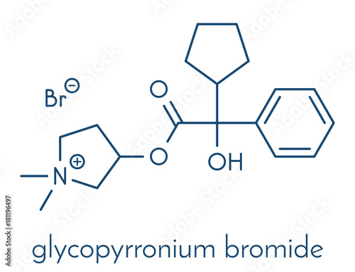Glycopyrronium bromide (glycopyrrolate) COPD drug molecule. Has additional medical uses as well. Skeletal formula. photo