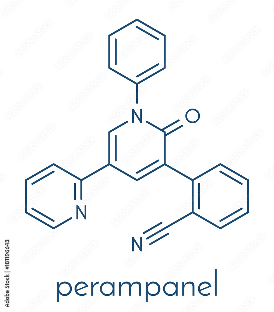Perampanel epilepsy drug molecule. Used in treatment of seizures. Skeletal formula. Perampanel epilepsy drug molecule. Used in treatment of seizures. Skeletal formula.