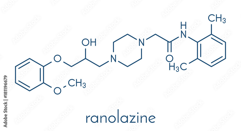 Ranolazine antianginal drug molecule. Used in treatment of chronic angina pectoris. Skeletal formula.