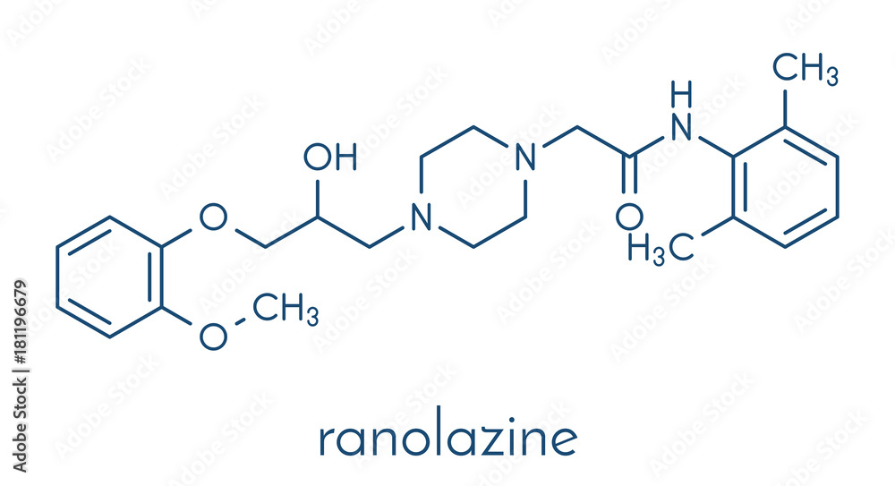Ranolazine antianginal drug molecule. Used in treatment of chronic angina pectoris. Skeletal formula. Ranolazine antianginal drug molecule. Used in treatment of chronic angina pectoris. Skeletal formula.