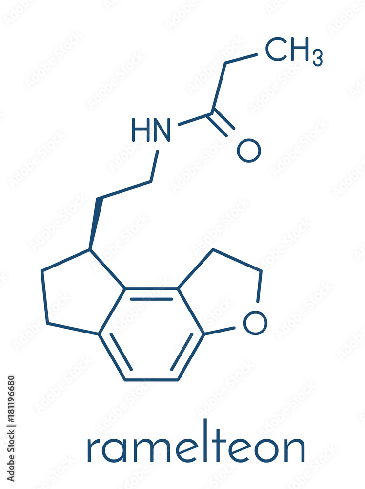 Ramelteon insomnia drug molecule. Skeletal formula. Ramelteon insomnia drug molecule. Skeletal formula.