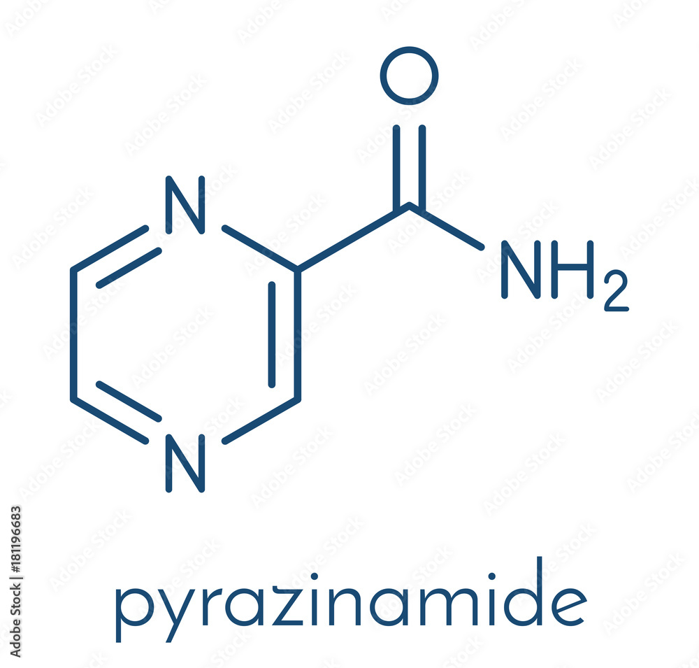 Pyrazinamide tuberculosis drug molecule. Skeletal formula. Pyrazinamide tuberculosis drug molecule. Skeletal formula.