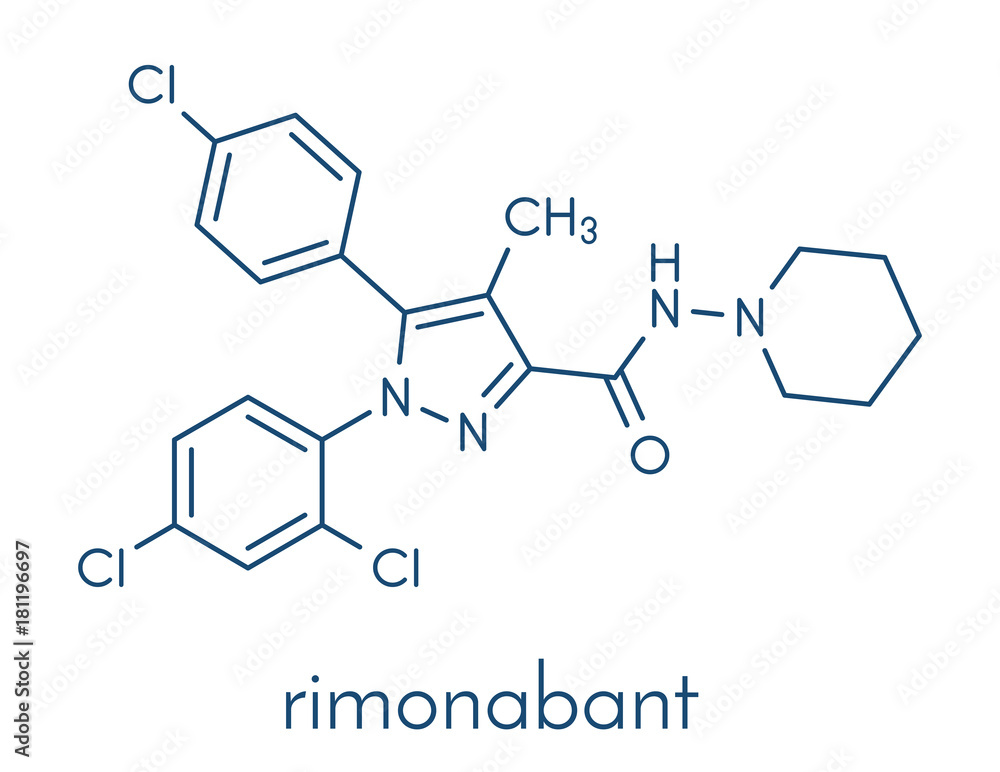 Rimonabant obesity drug molecule (withdrawn). Skeletal formula. Rimonabant obesity drug molecule (withdrawn). Skeletal formula.