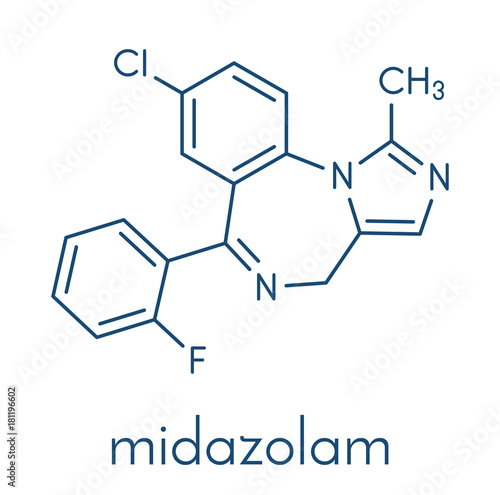 Midazolam benzodiazepine drug molecule. Has sedative, anxiolytic, amnestic, hypnotic, anticonvulsant, etc properties. Skeletal formula. photo