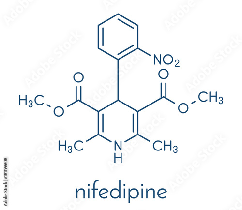 Nifedipine calcium channel blocker drug. Used in treatment of angina and hypertension (high blood pressure). Skeletal formula.
