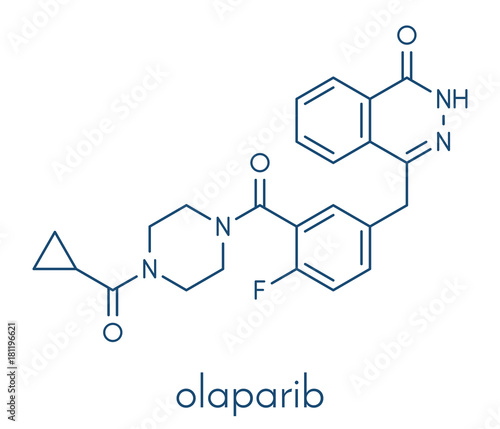 Olaparib cancer drug molecule. Inhibitor of PARP (poly ADP-ribose polymerase). Skeletal formula.